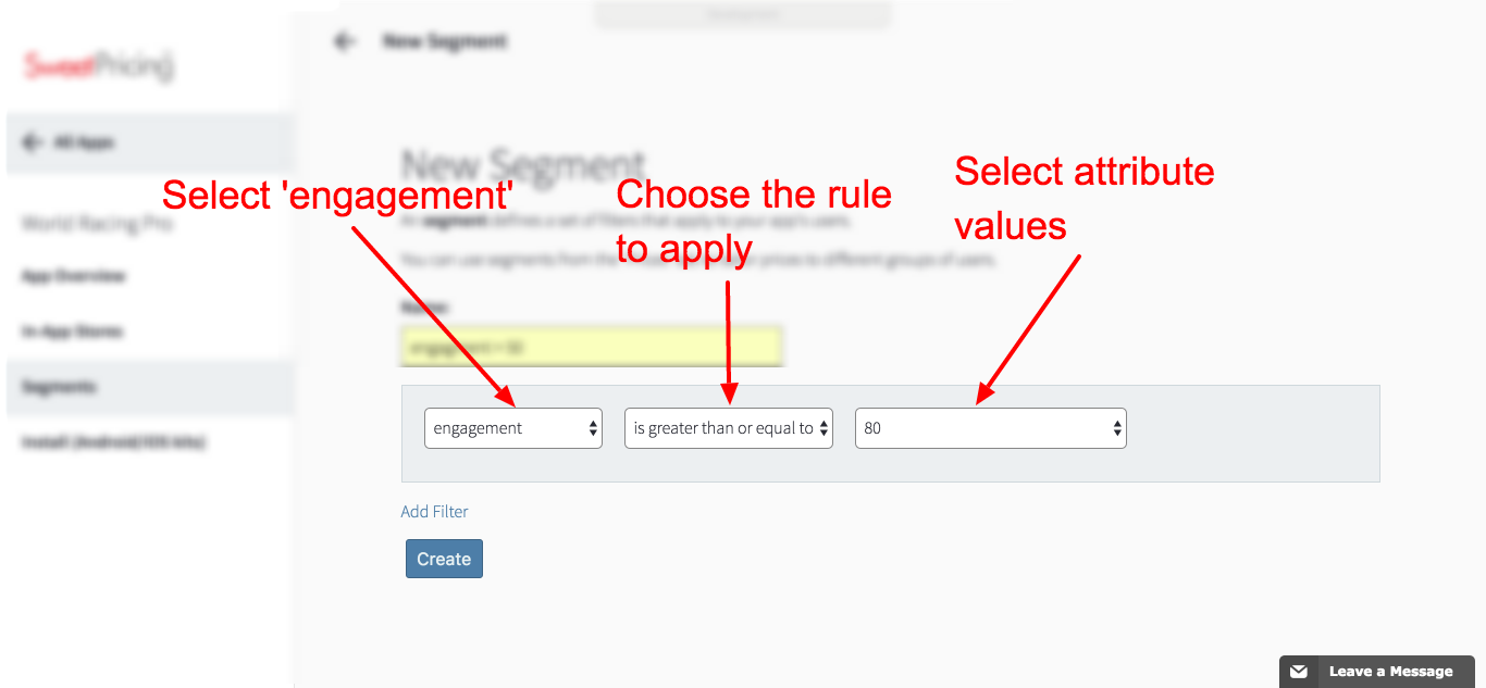 You define a segment by a series of filter rules. Select 'engagement' for the attribute.