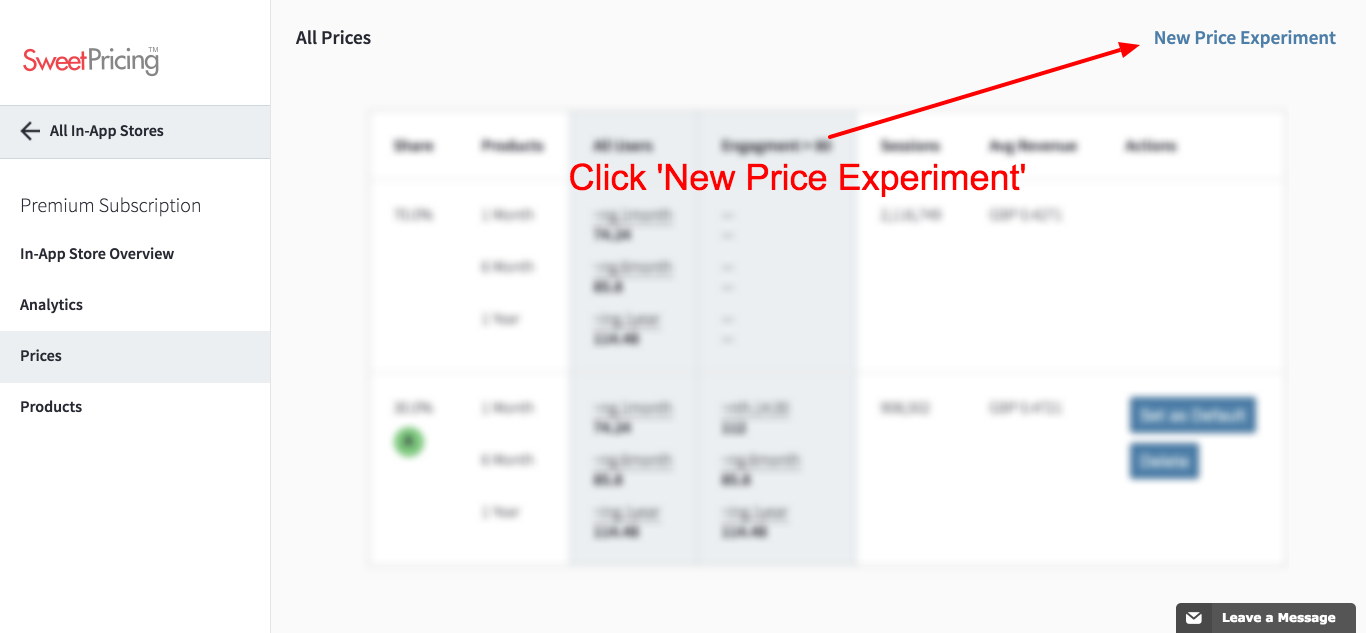 Click 'New Price Experiment' from the Prices tab.
