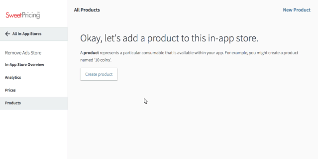 You can add a new in-app purchase by selecting a store and clicking 'New Product'