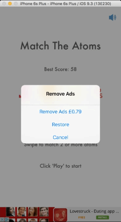 Match The Atoms allows players to remove ads from the game once the player purchases the 'Remove Ads' option.