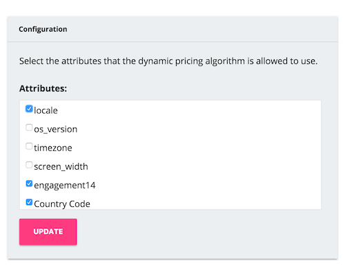Use the Configuration pane in Sweet Pricing to control which user attributes are used by the machine learning algorithm.
