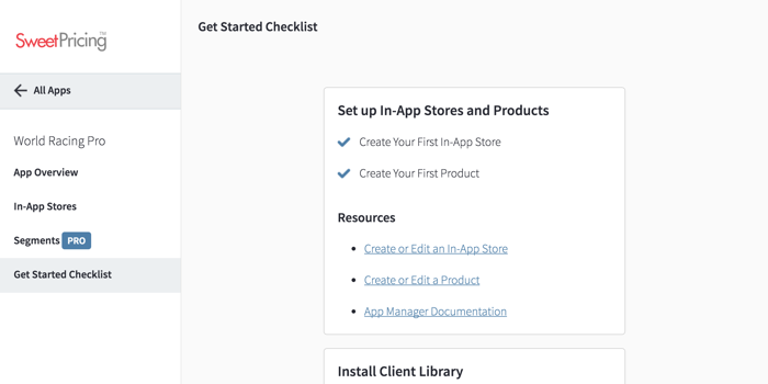 The Get Started Checklist shows a list of tasks to complete to install Sweet Pricing.