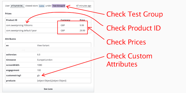 Check your 'View In-App Store' event by inspecting test group, product ID, prices and custom attributes.